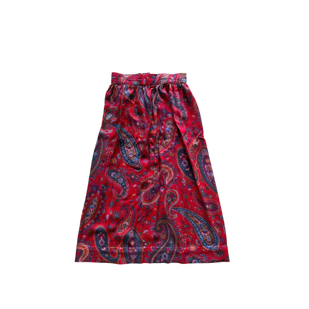 Midi Skirt Paisley Boho Handmade Womens XS Red Button Front High Waisted Floral